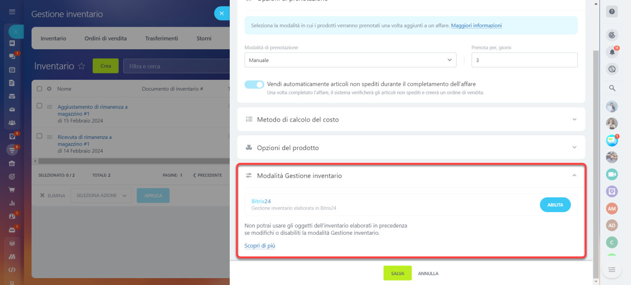 Gestione inventario impostazioni